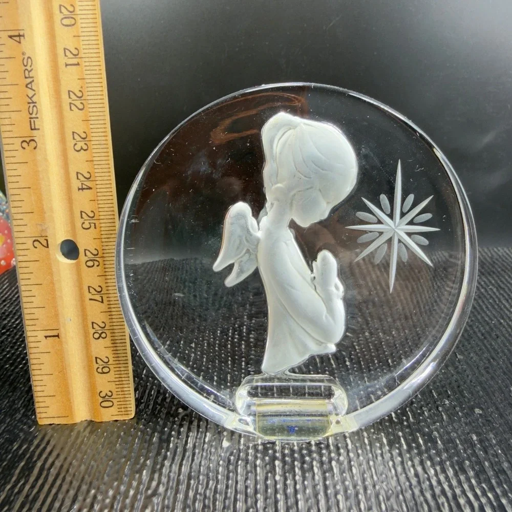 Danbury Mint 1977 Christmas Crystal Praying Angel‎ Star Plaque Italy Clear VTG